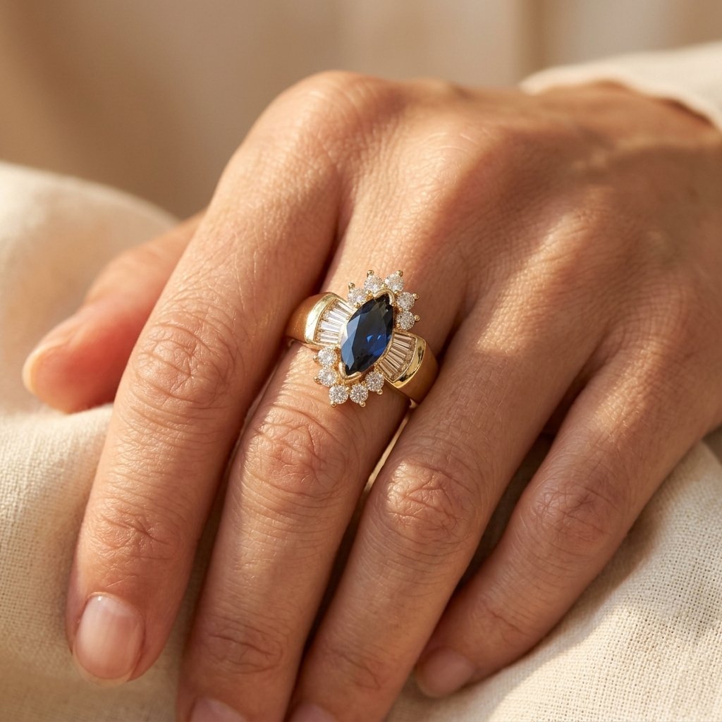 Gold Sapphire Marquise Halo Ring