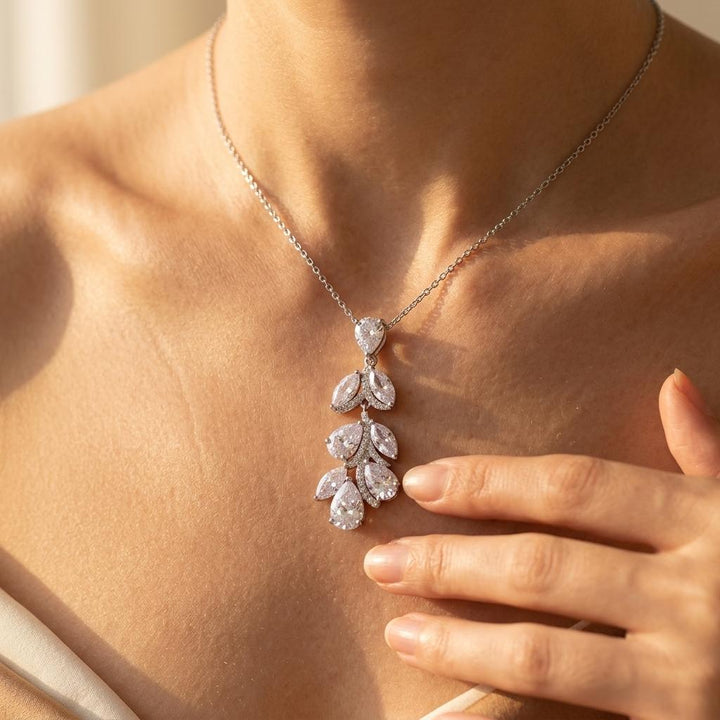 Silver Pear Cut Crystal Leaf Necklace