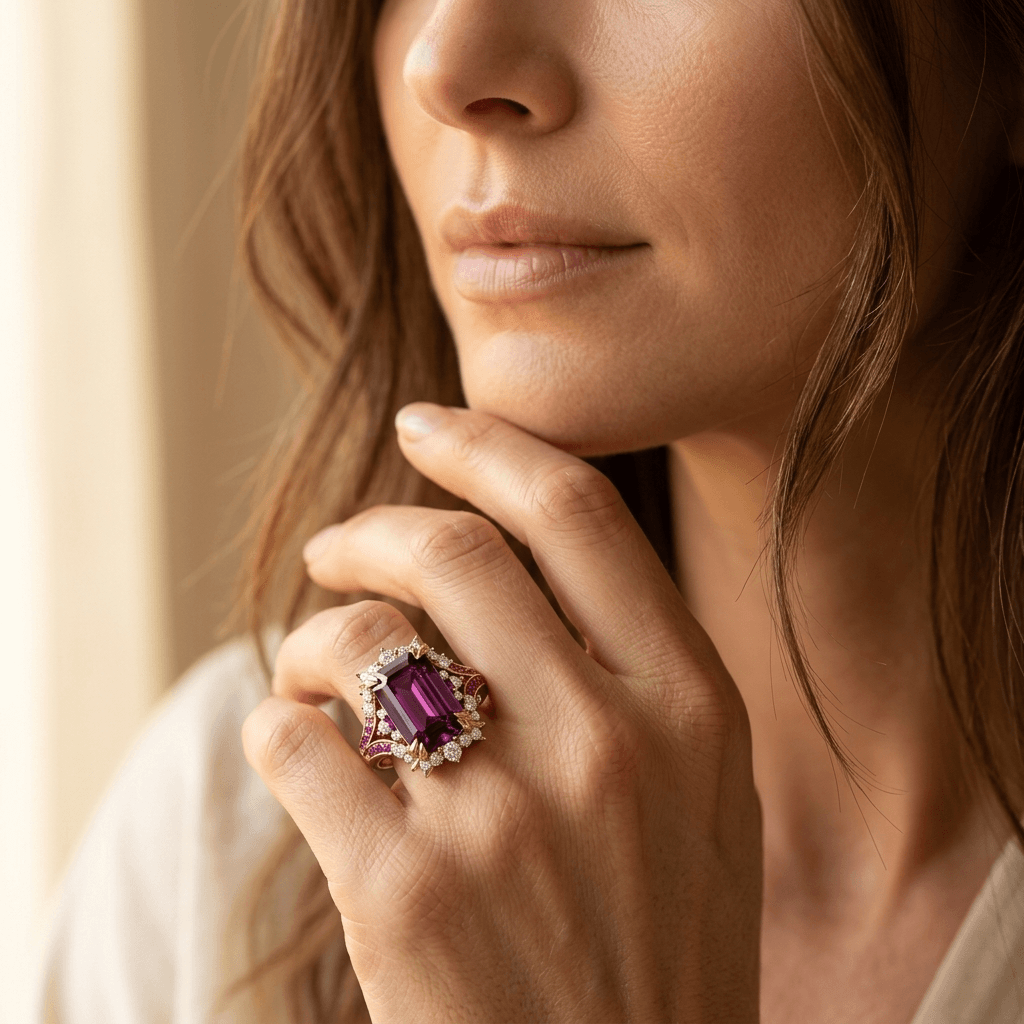 Elegante bloemenring met rode synthetische zirkonia