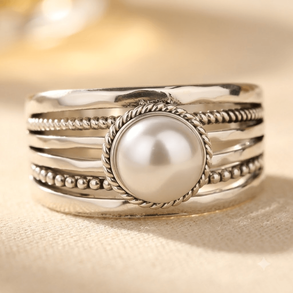 Bohemien zilverkleurige parel gedraaide statement ring