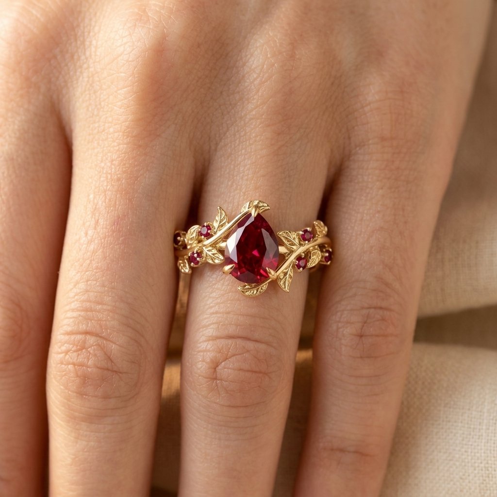 Goudkleurige filigrein ring met peervormige robijn