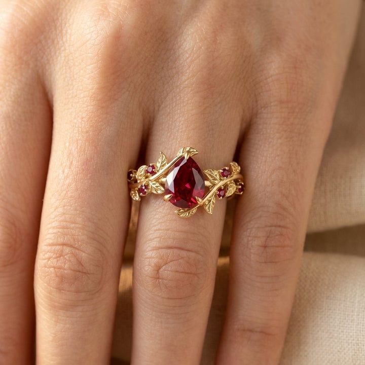 Gold Filigree Ruby Pear Ring