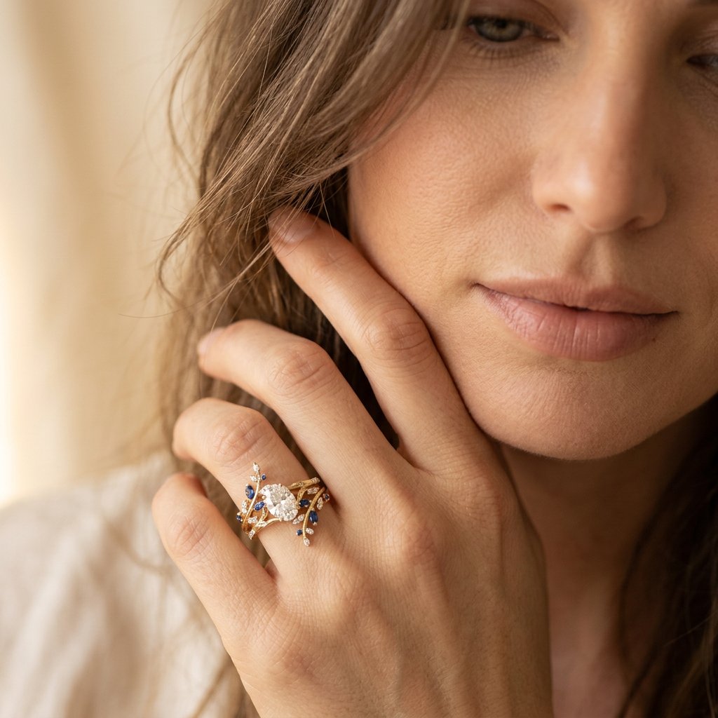 Gold Oval Diamond Sapphire Floral Ring