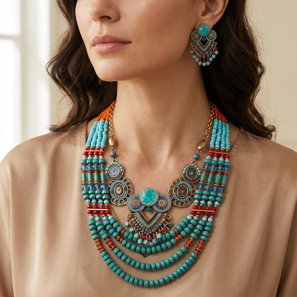 Vintage Bohemian Beaded Jewelry Set Heart Pendant