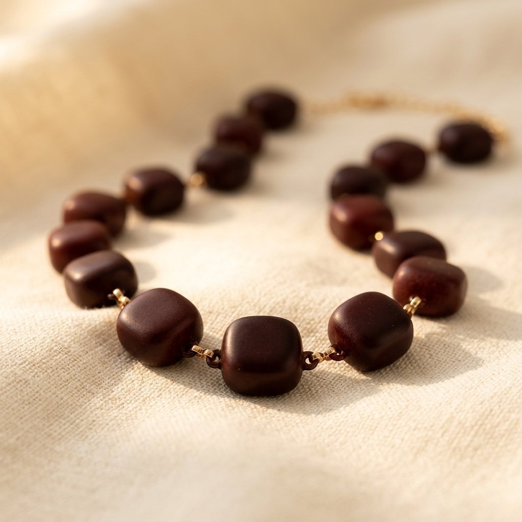 Retro goudkleurige ketting met chocoladekleurige bolkralen