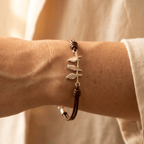 Vintage bronzen leren armband met drie vogels
