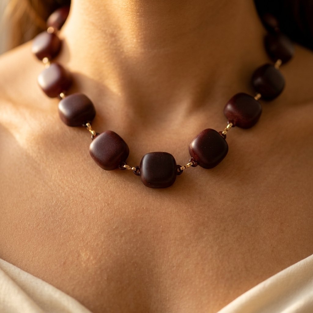 Retro goudkleurige ketting met chocoladekleurige bolkralen