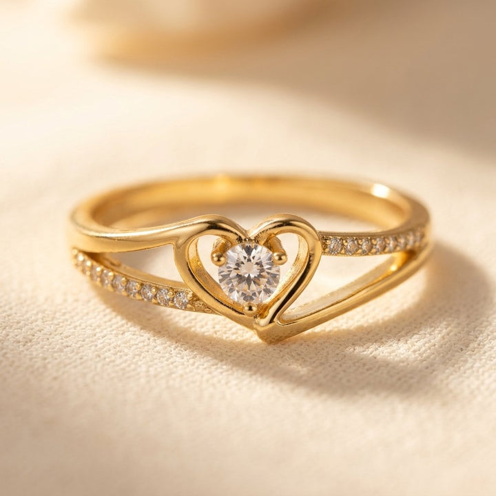 Gold Heart Shaped Round Cubic Zirconia Ring