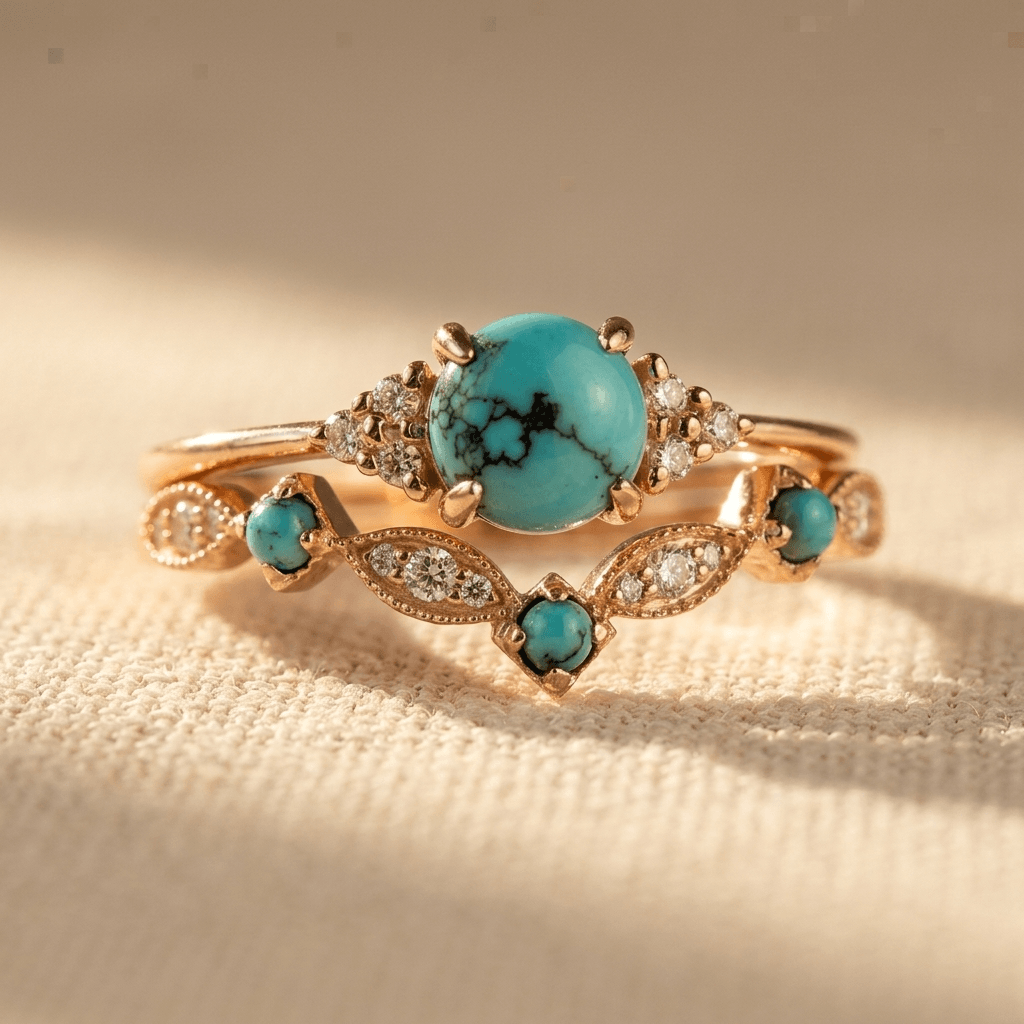 Vintage bohemien turkooizen koperkleurige ring