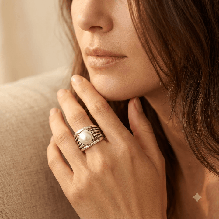 Bohemian Silver Pearl Twisted Statement Ring