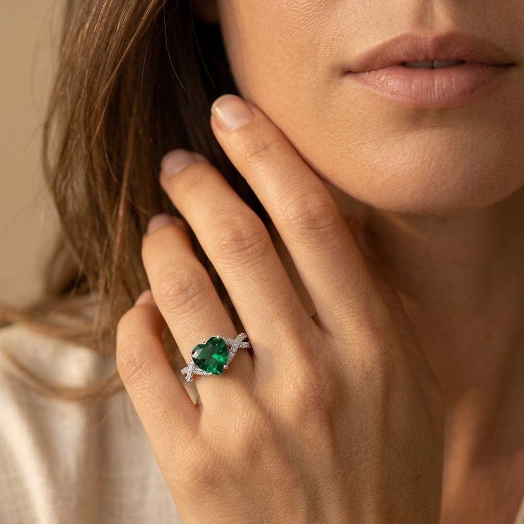 Elegante ring met smaragdgroene zirkonia in klauwzetting