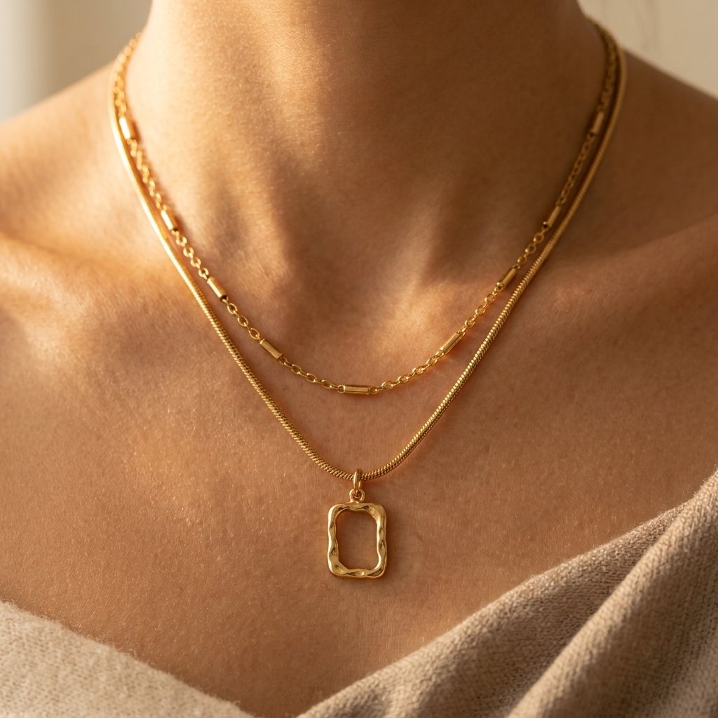 Minimalistische goudkleurige dubbellaagse ketting met vierkante hanger