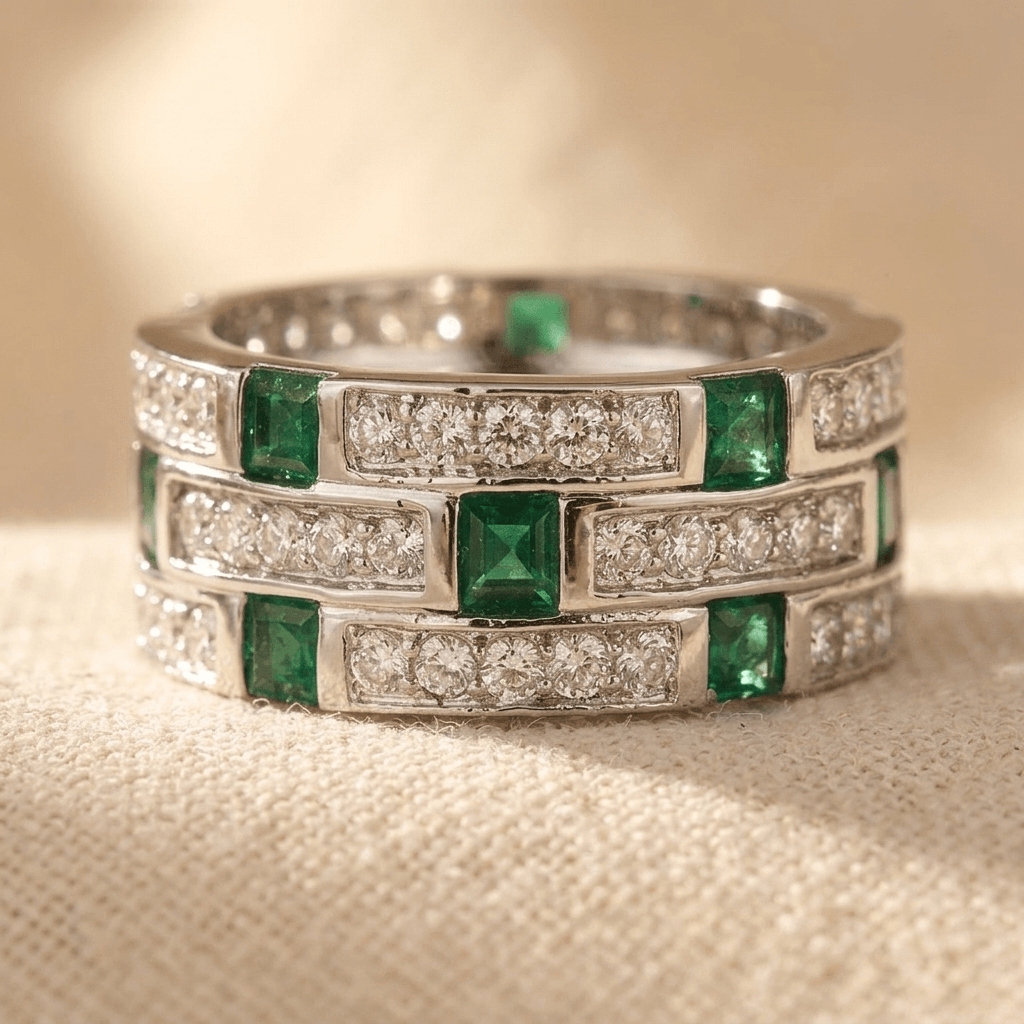 Smaragdgroene zilverkleurige bandring met diamant