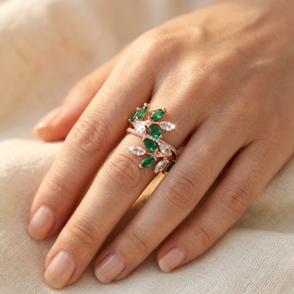 Goudkleurige bladtak ring met groen kristal