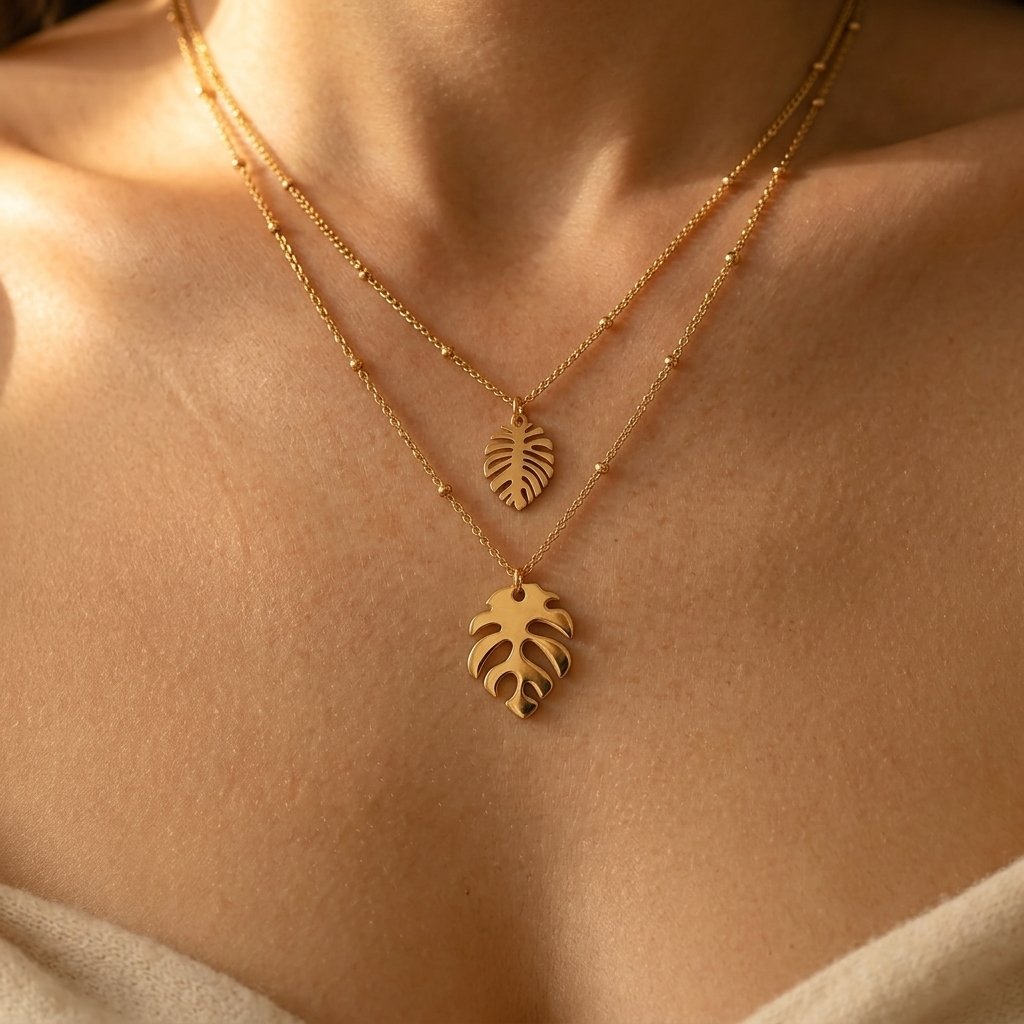 Goudkleurige gelaagde ketting met tropisch monsterablad