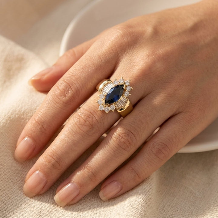 Gold Sapphire Marquise Halo Ring