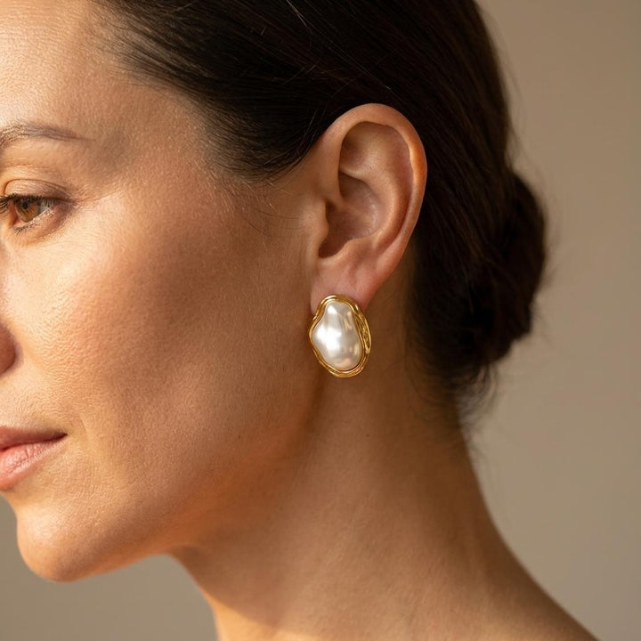 Gold Flower Pearl Drop Earrings