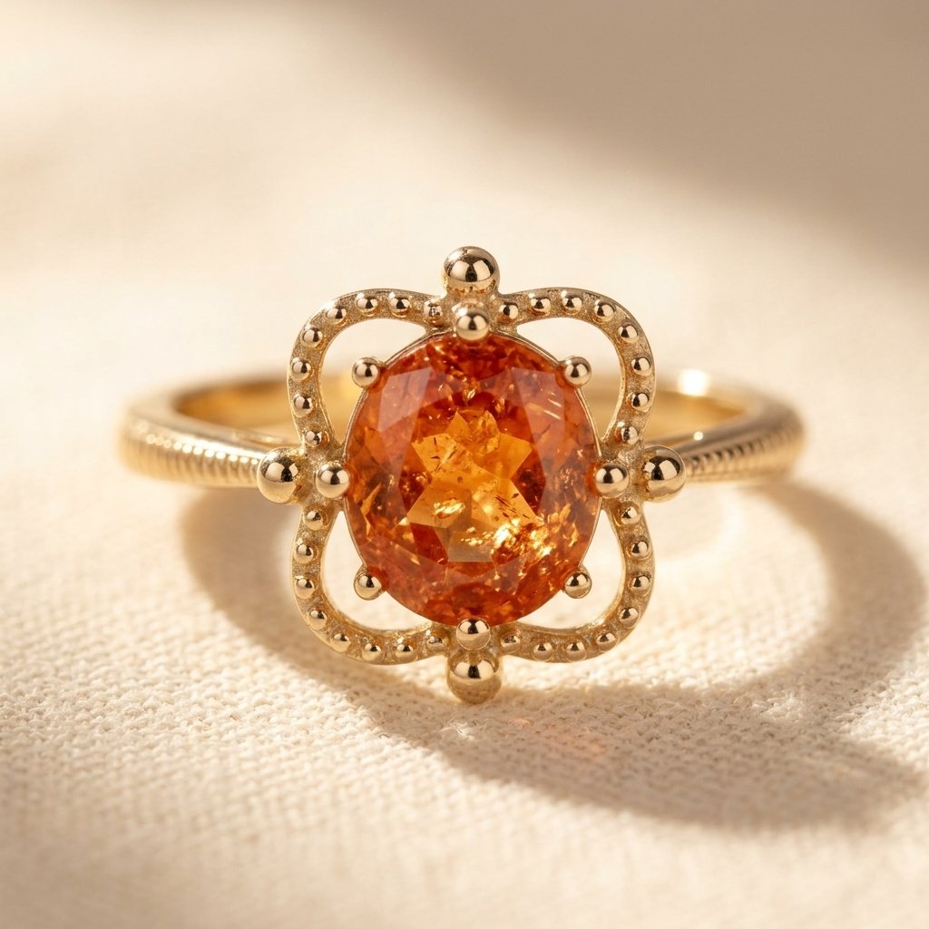 Goudkleurige bloemring met ovale amber kralen