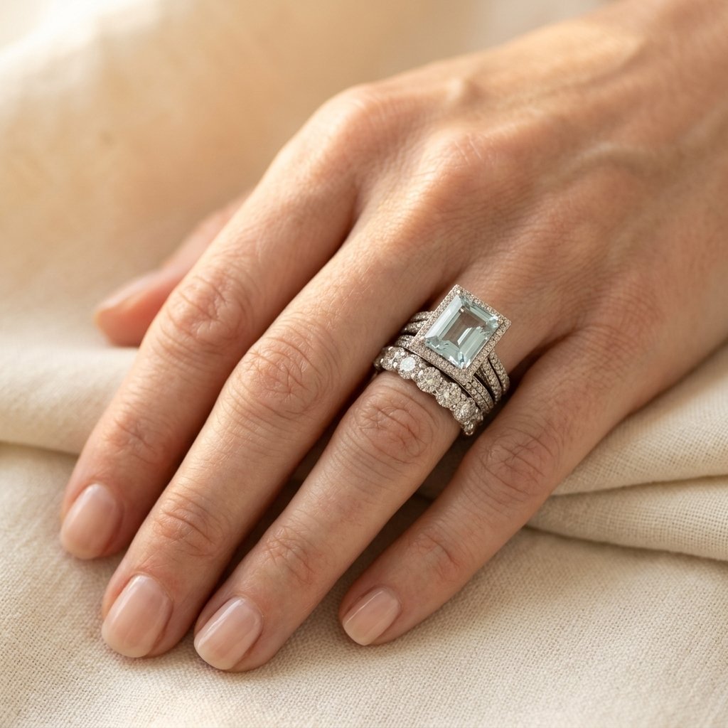 Vintage Silver Emerald Cut Aquamarine Ring Set