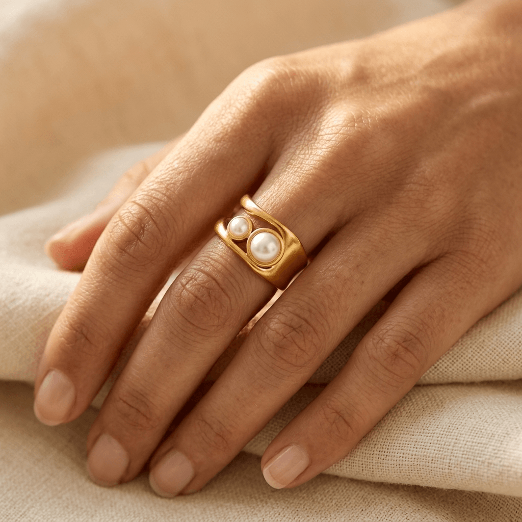 Elegante goudkleurige ovale parelring