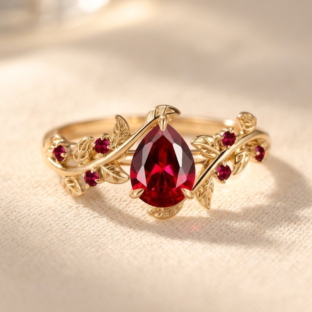 Goudkleurige filigrein ring met peervormige robijn