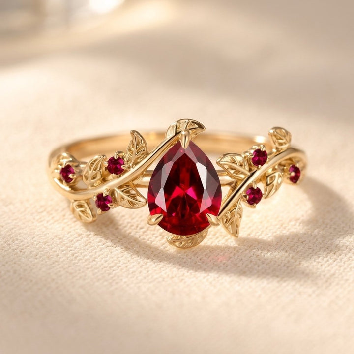Gold Filigree Ruby Pear Ring