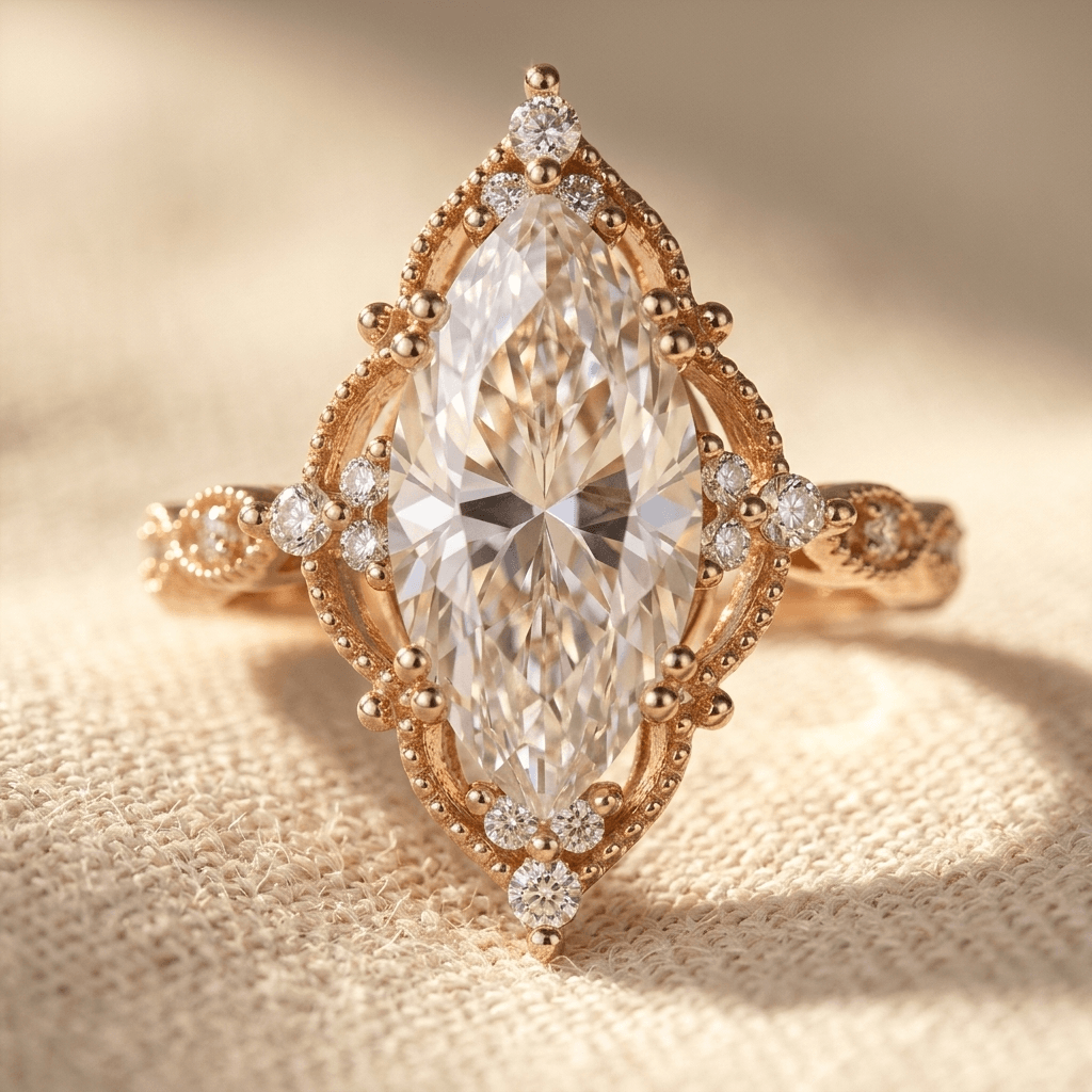 Vintage bohemien koperen ring met marquise rozenkwarts