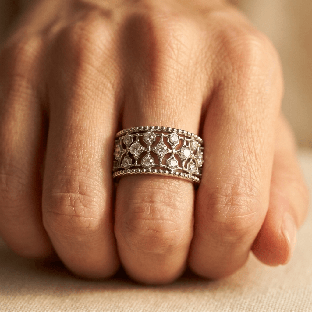 Elegant Floral Cubic Zirconia Wide Band Ring