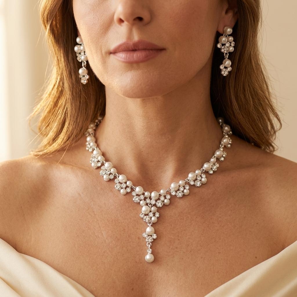 Elegante goudkleurige parel sieradenset met ketting en oorbellen