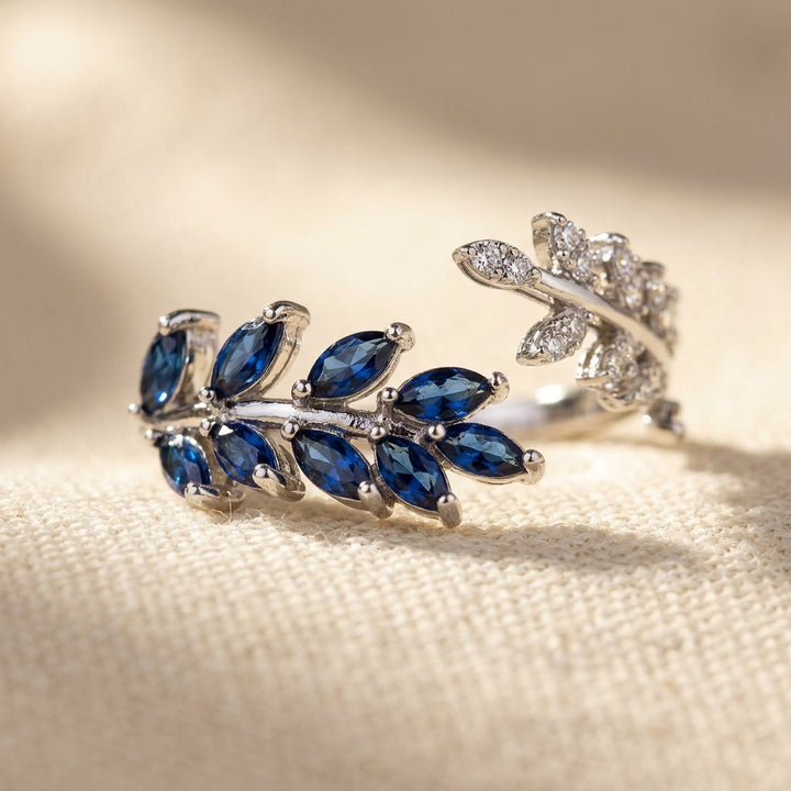 Silver Blue Sapphire Leaf Ring
