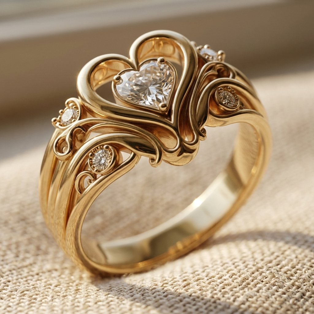 Goudkleurige filigrein hartring met diamant