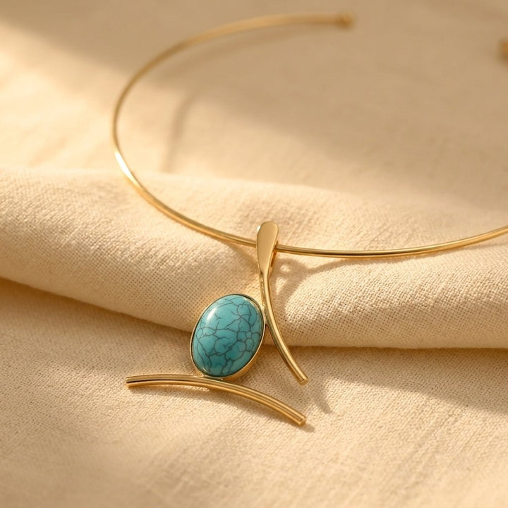 Boho Gold Turquoise Oval Pendant Necklace