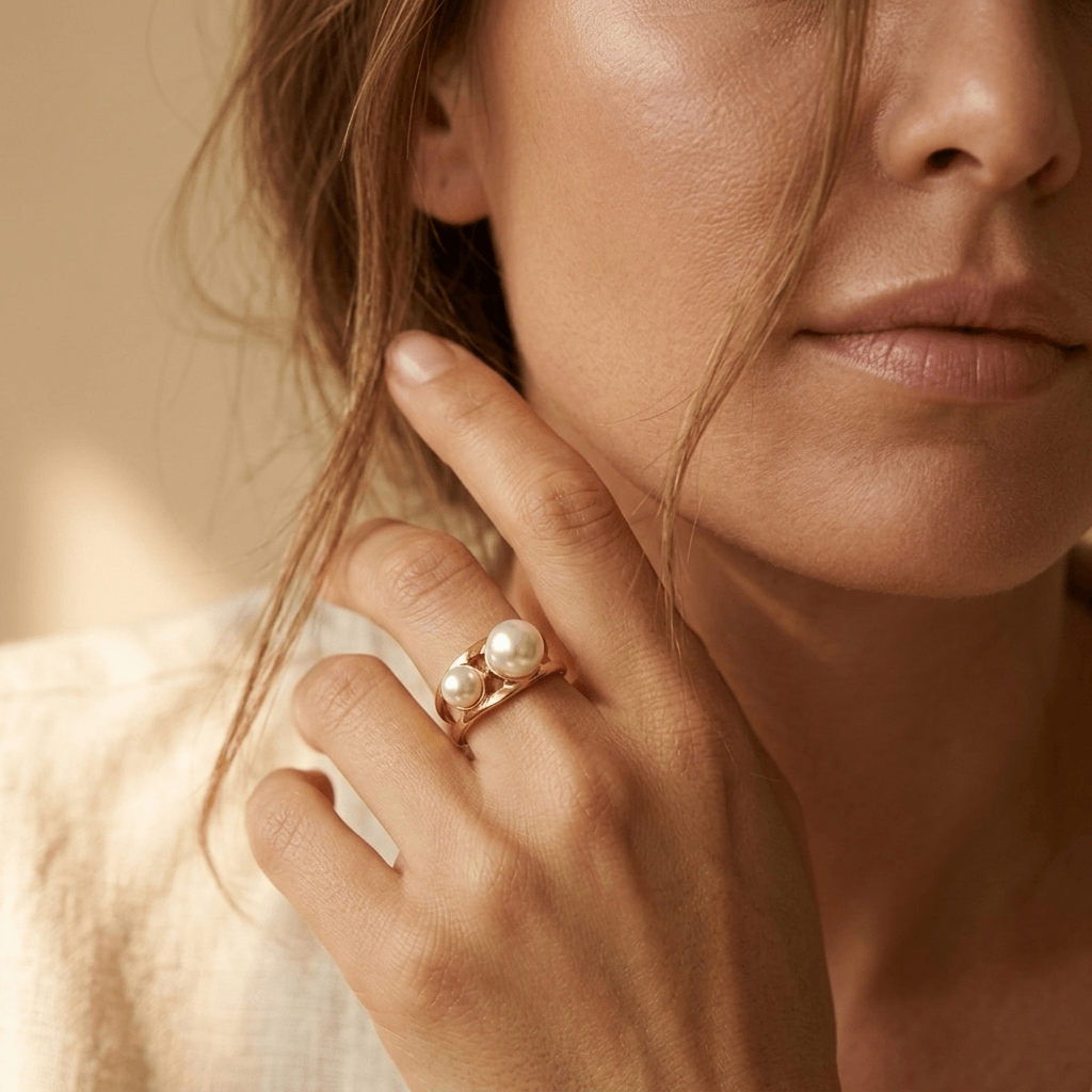Goudkleurige geometrische open ring met dubbele parel