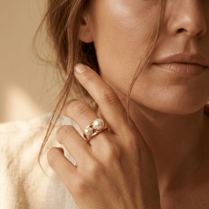 Gold Dual Pearl Geometric Opening Ring