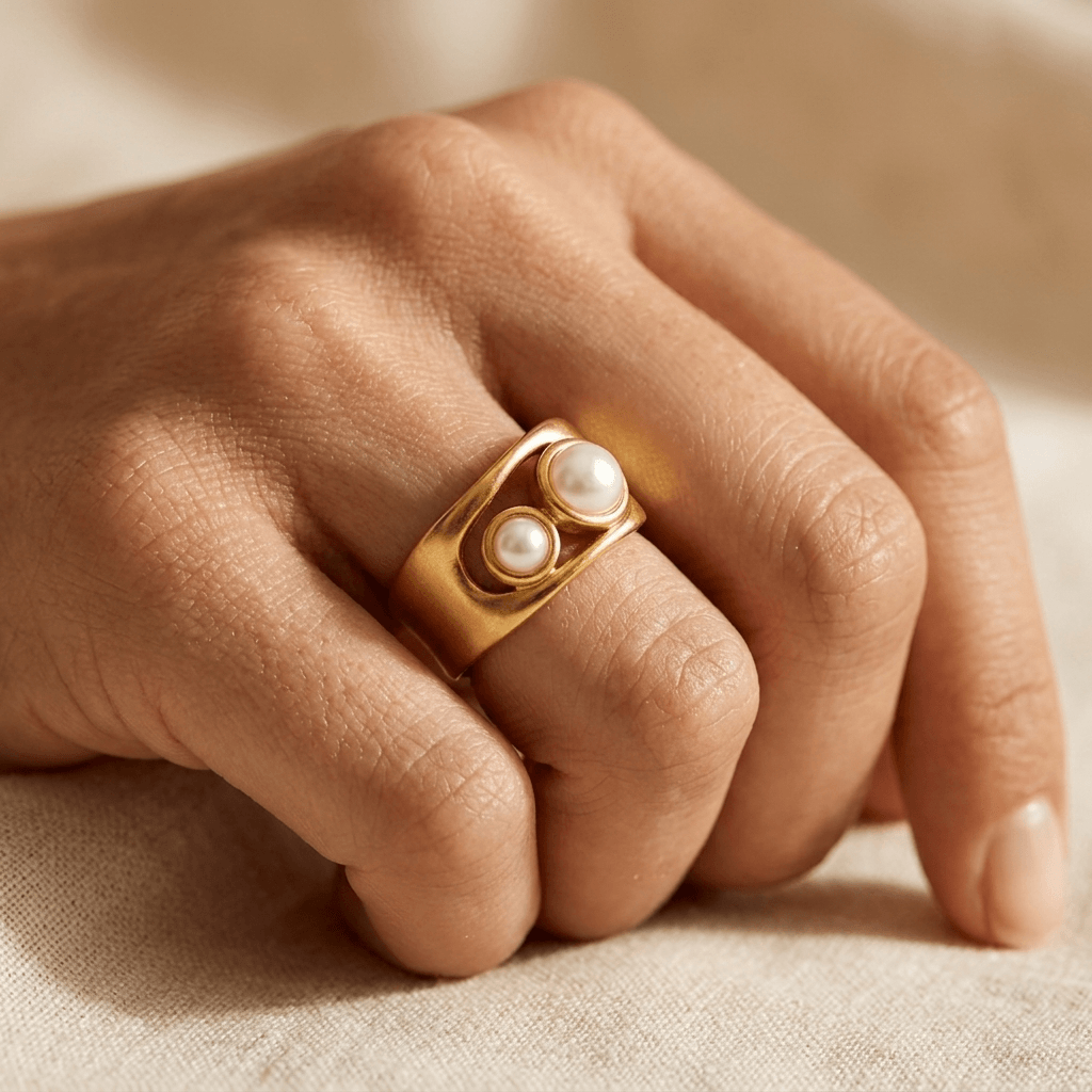 Elegante goudkleurige ovale parelring
