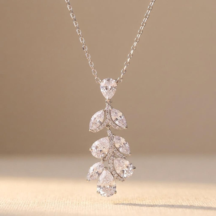 Silver Pear Cut Crystal Leaf Necklace