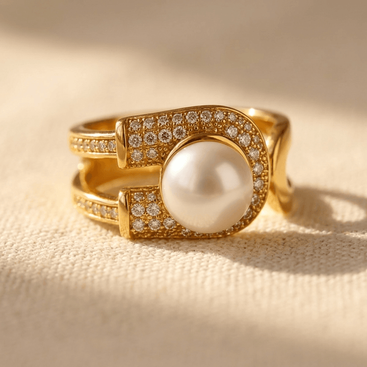 Gold Pearl Zirconia U Shaped Ring