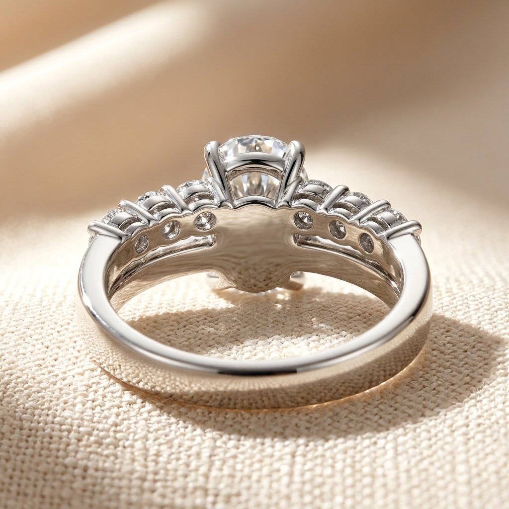 Zilverkleurige ovale moissaniet ring met zijstenen