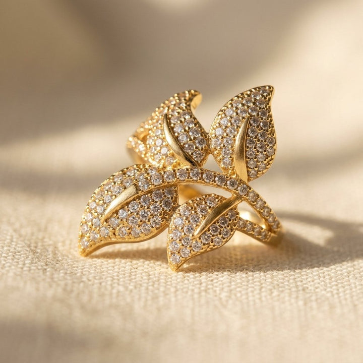 Gold Cubic Zirconia Filigree Leaf Ring