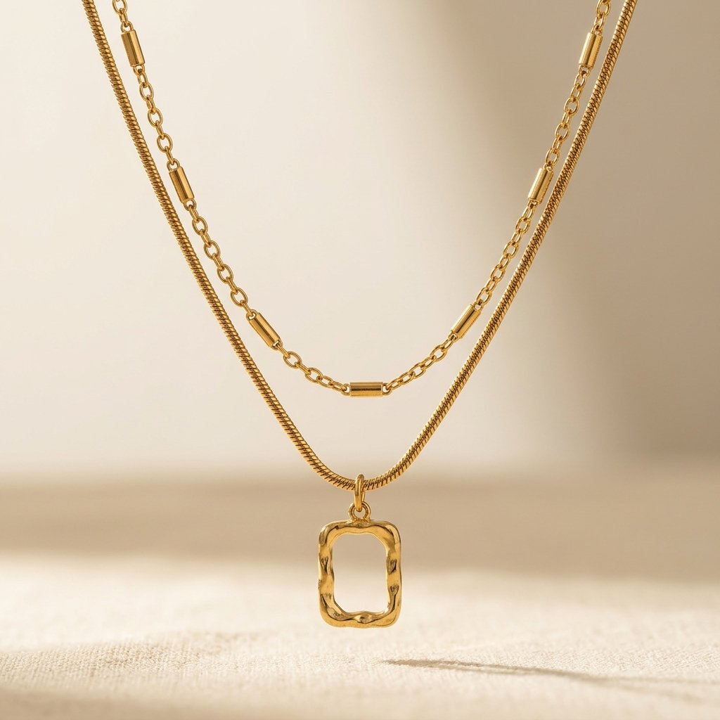 Minimalistische goudkleurige dubbellaagse ketting met vierkante hanger