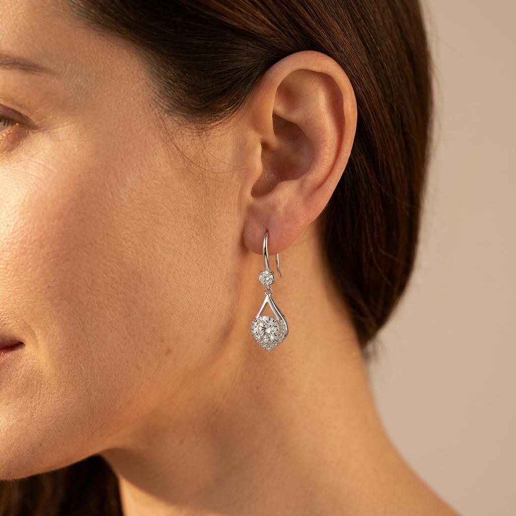 Sterling Silver Teardrop Diamond Dangle Earrings