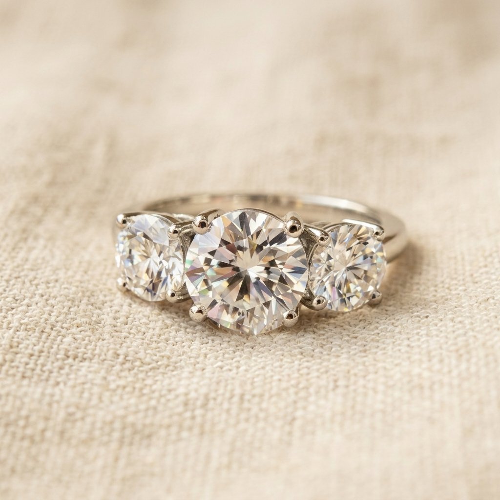 Zilverkleurige ronde zirkonia ring met drie stenen