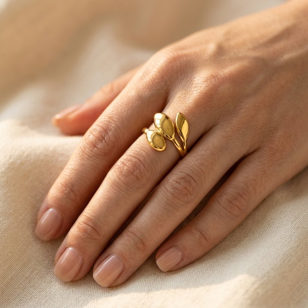 Goudkleurige gepolijste ring met druppelvormig bloemblad