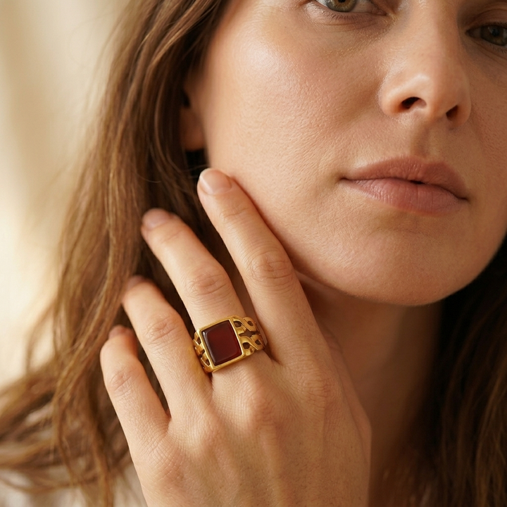 Gold Square Red Agate Statement Ring