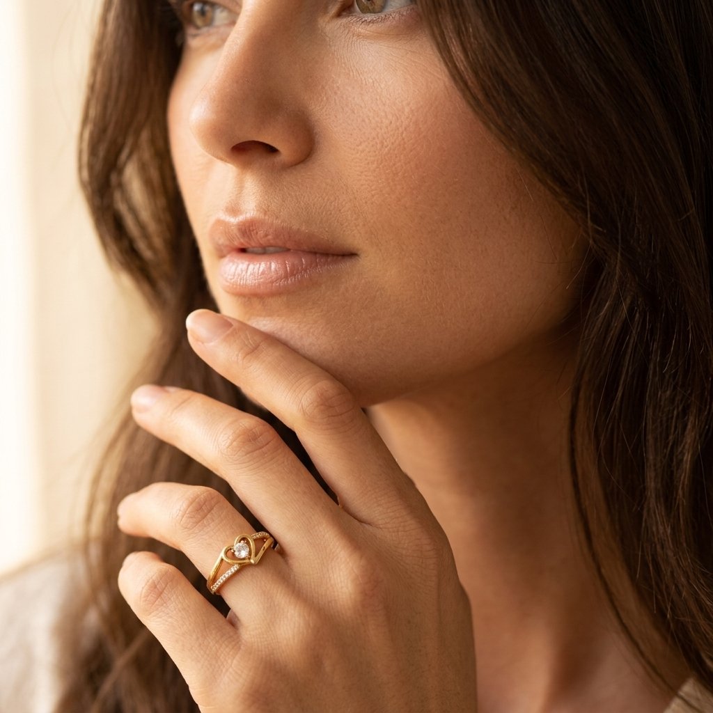 Goudkleurige hartvormige ring met ronde zirkonia