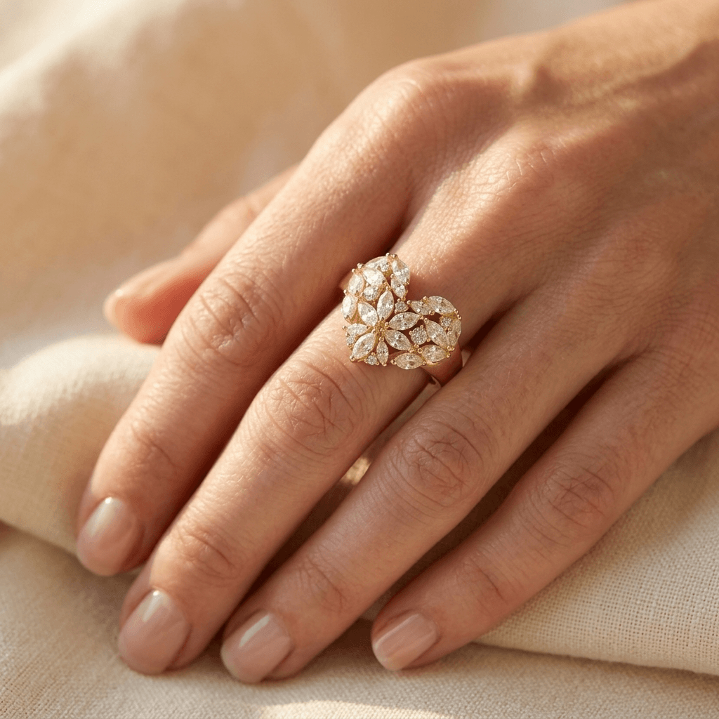 Elegante goudkleurige bloemenring met synthetische zirkonia