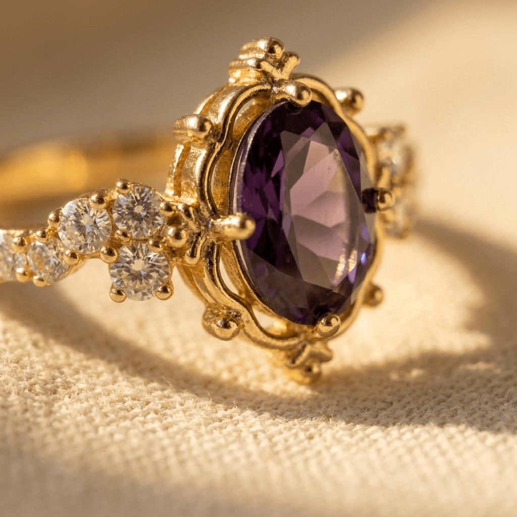 Elegante verlovingsring ingelegd met paarse zirkonia