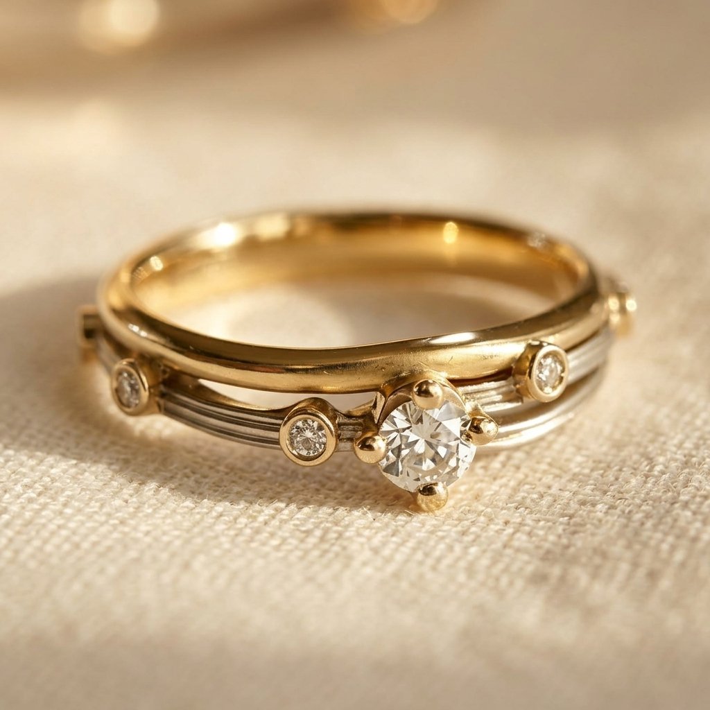Tweekleurige goudkleurige ring met rond diamantaccent