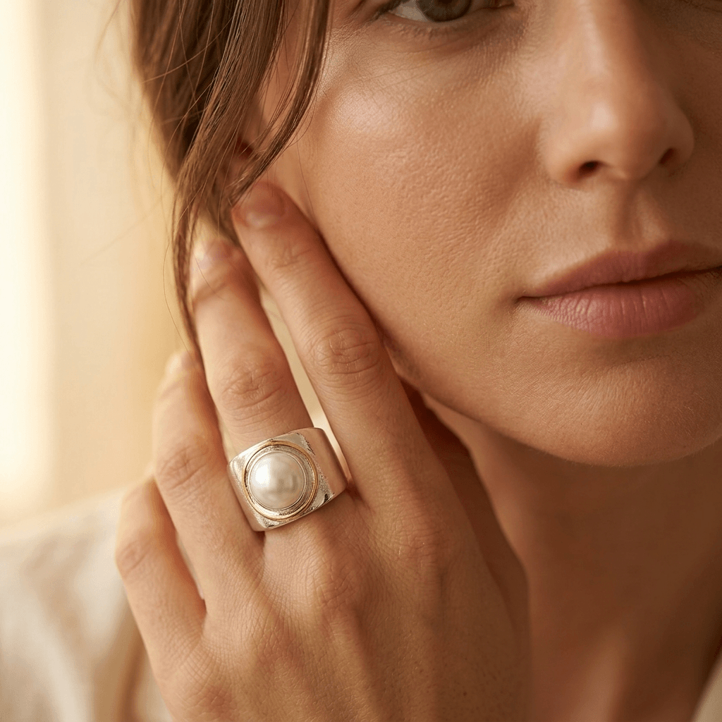 Vintage zilver- en goudkleurige statement ring met parel