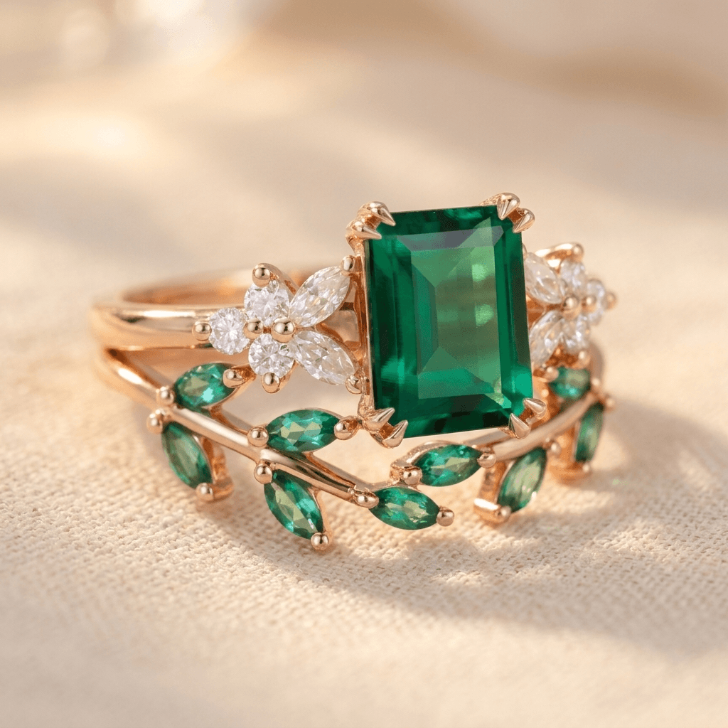 Elegante verlovingsring met groene transparante geslepen steen